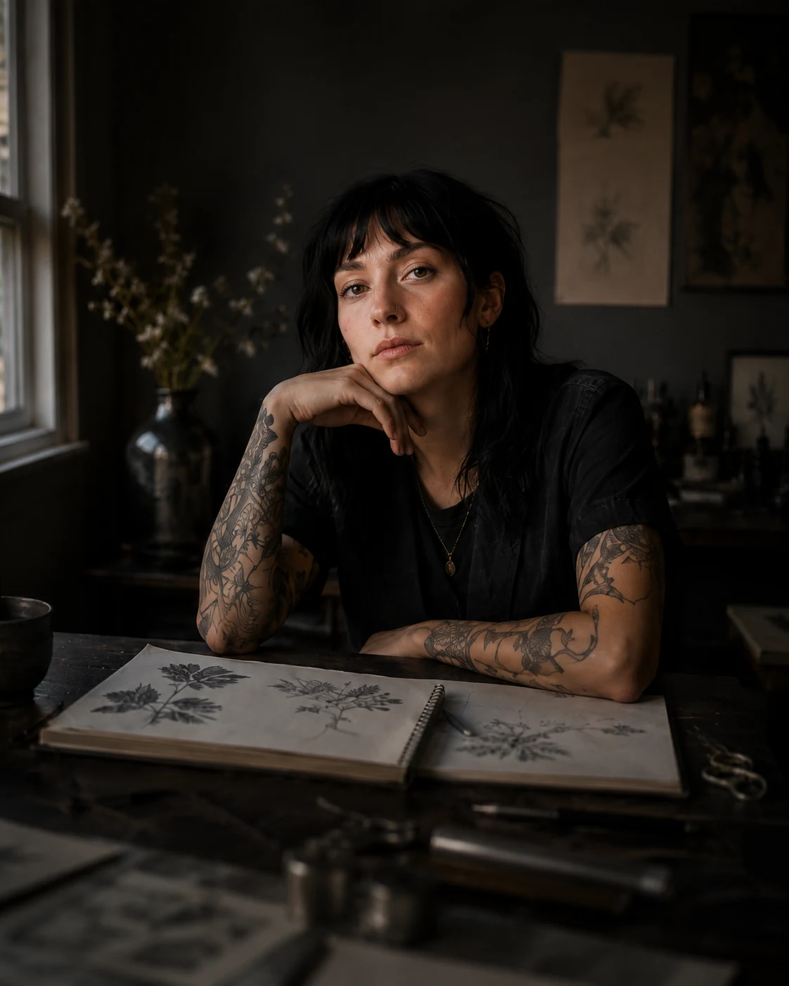 A person seated at a dark studio table with a botanical sketchbook in warm window light.