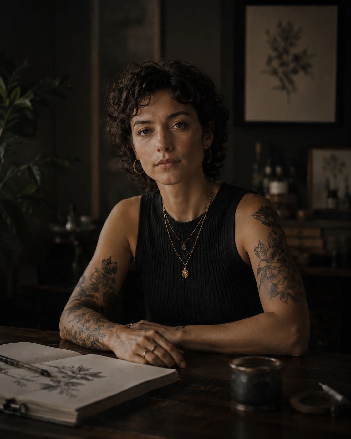 A person at a dark studio table with botanical drawings in warm directional light.
