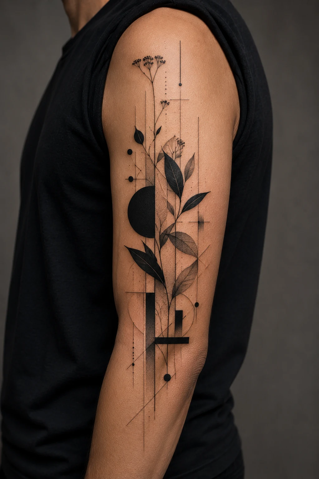 Botanical upper-arm composition of stems, leaves, geometric lines, and a black circular field from shoulder to elbow.