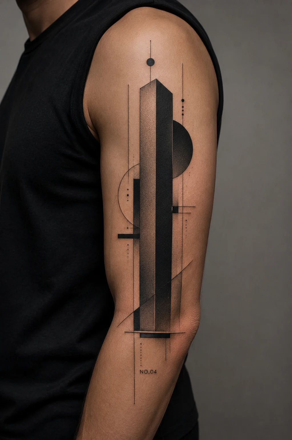 Vertical black-and-grey monolith with circles, fine construction lines, and a small NO.04 notation on the outer upper arm.