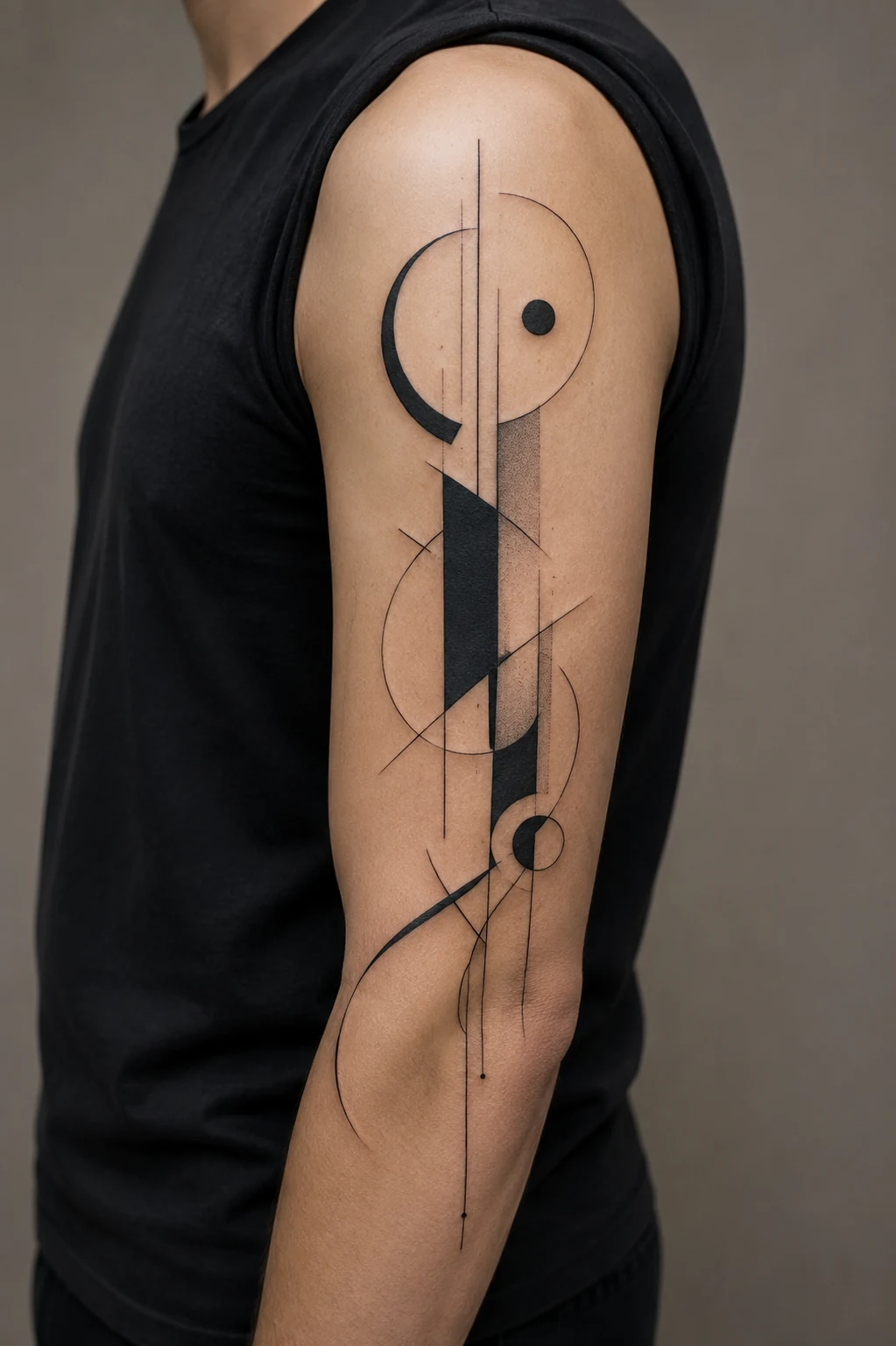 Geometric blackwork of circles, arcs, fine axes, and black planes running from the shoulder toward the elbow on the outer upper arm.