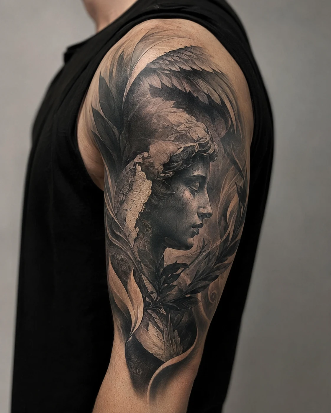 Layered black-and-grey upper-arm composition with a cracked classical profile, wing, leaves, and soft sculptural transitions.