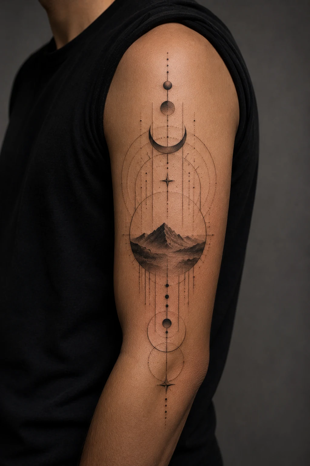 A small mountain landscape framed by crescents, circles, and fine vertical axes on the outer upper arm.