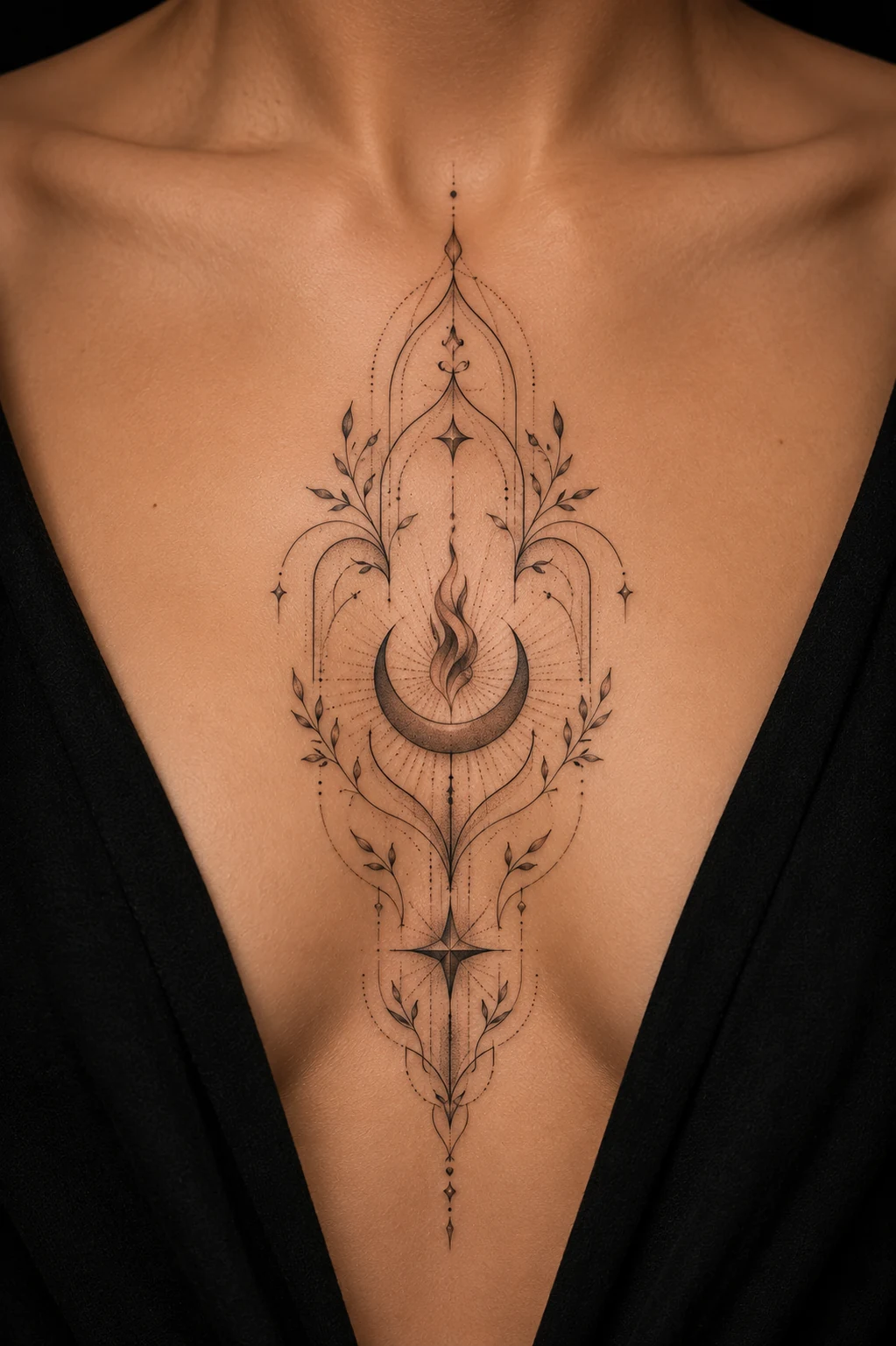 Symmetrical fine-line sternum ornament with a central crescent, flame, botanical arcs, and star-like marks.