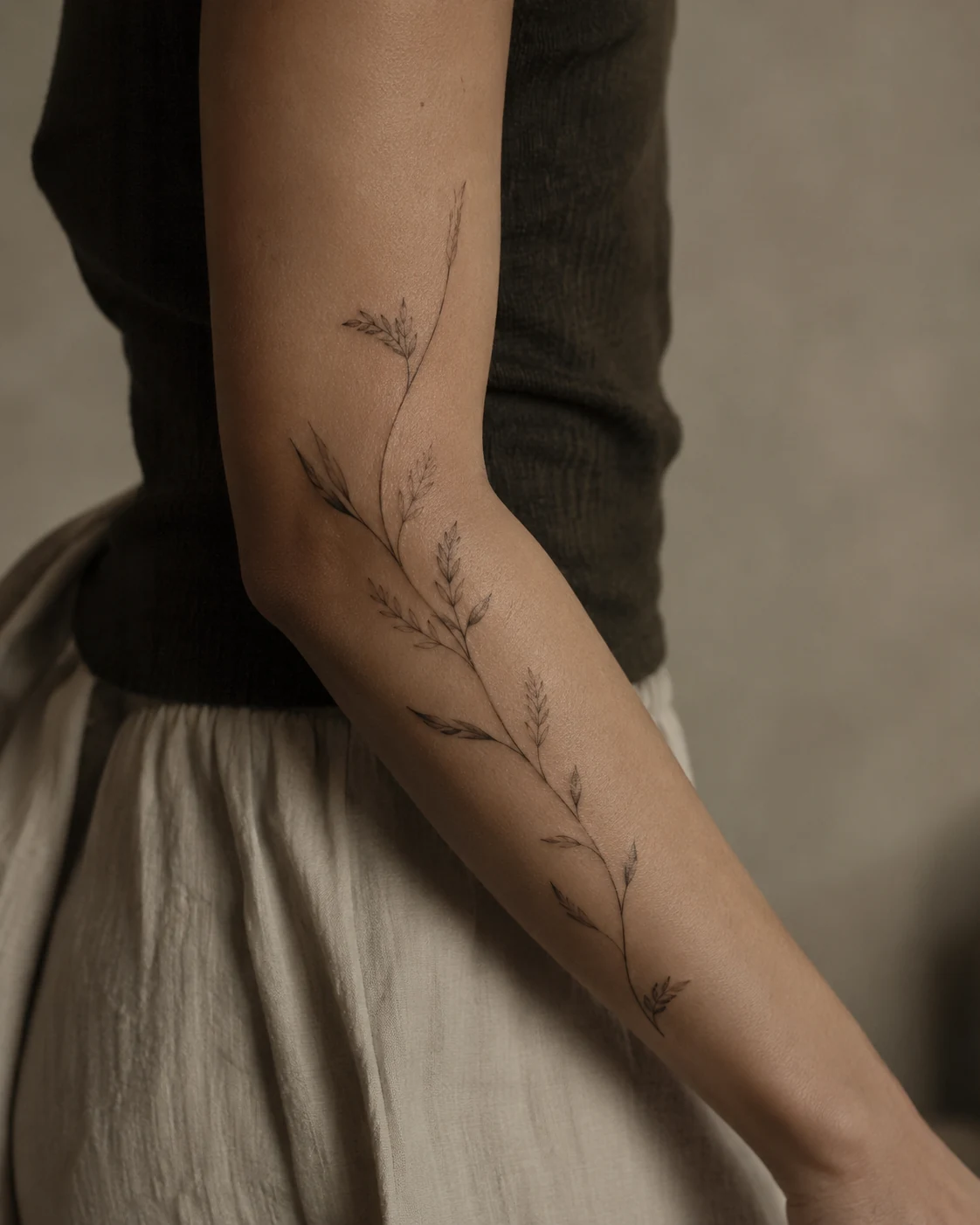 Fine botanical stem extending along the outer forearm and across the elbow with open space between its branches.